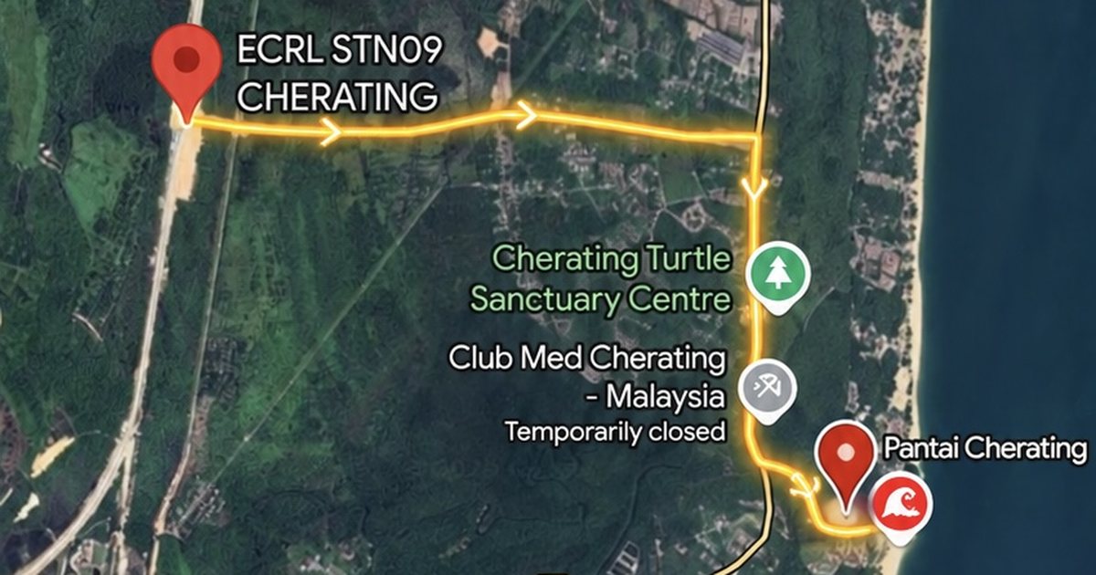 Laluan dari Stesen ECRL Cherating ke Pantai Cherating di Google Maps