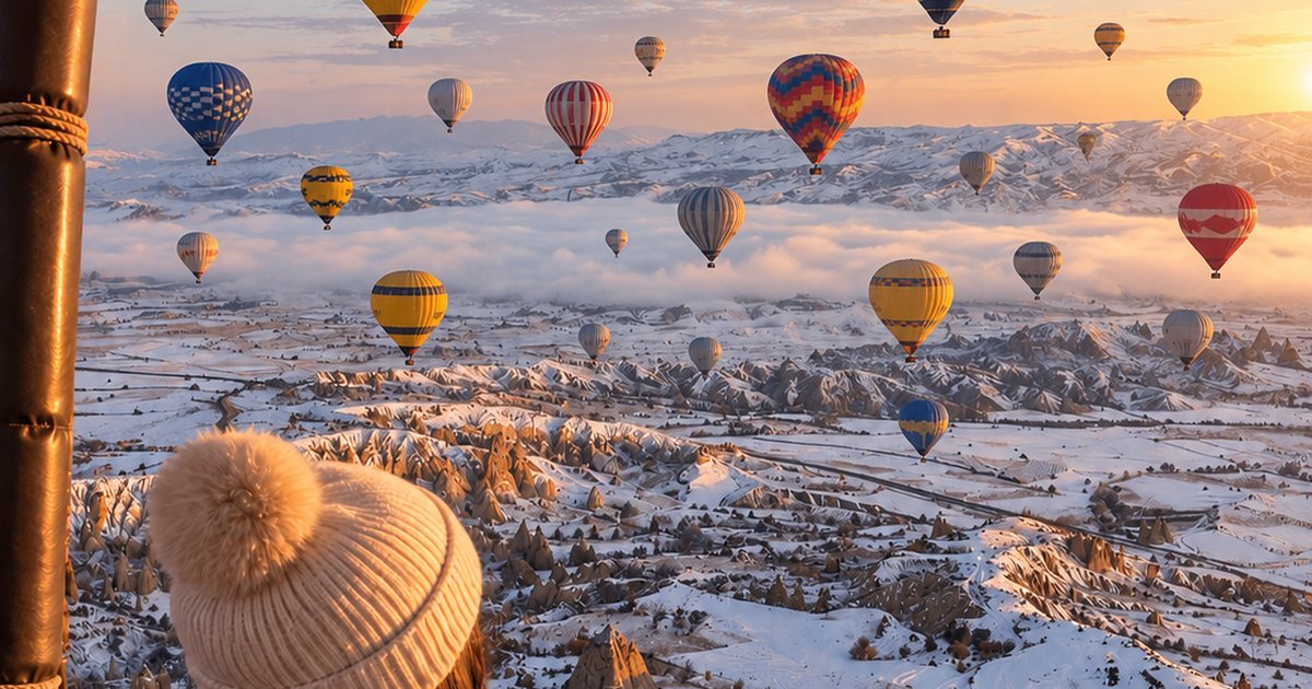 Belon udara panas di langit Cappadocia yang diselaputi salji, dilihat dari dalam bakul belon
