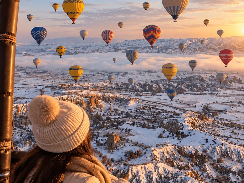 Belon udara panas di langit Cappadocia yang diselaputi salji, dilihat dari dalam bakul belon