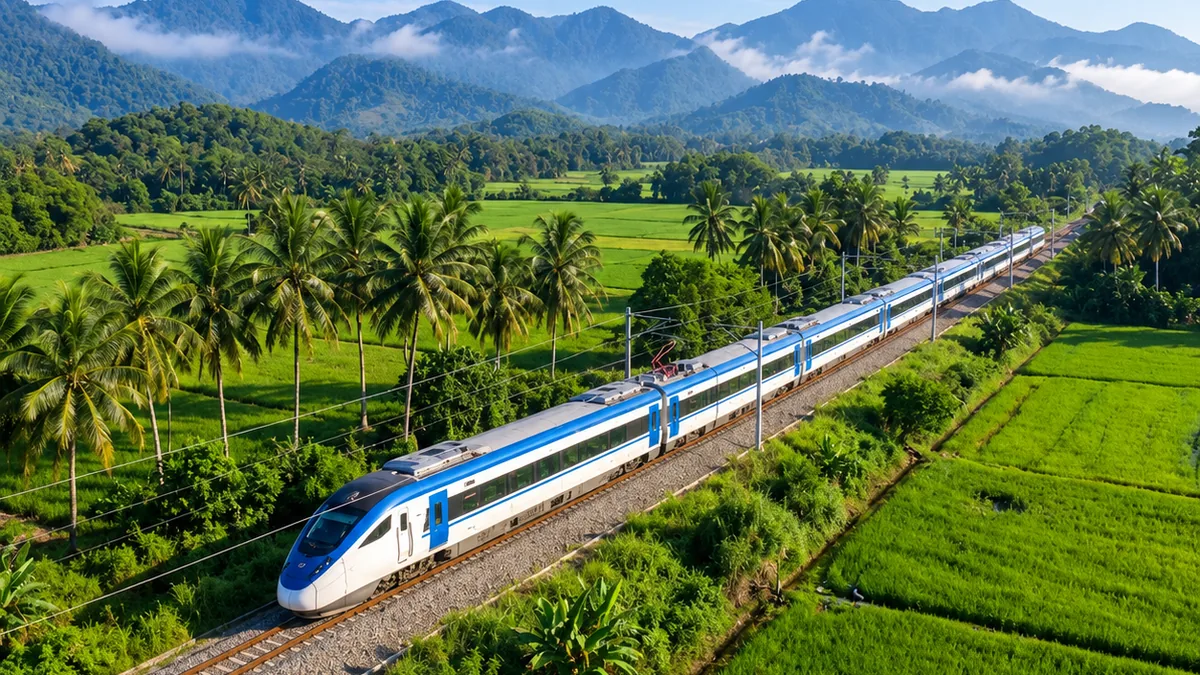 Gambar hiasan kereta api elektrik putih dan biru merentasi sawah padi dengan banjaran gunung di belakang