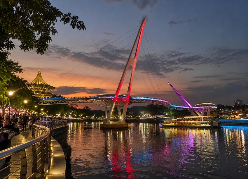Jambatan Darul Hana dan Kuching Waterfront waktu malam