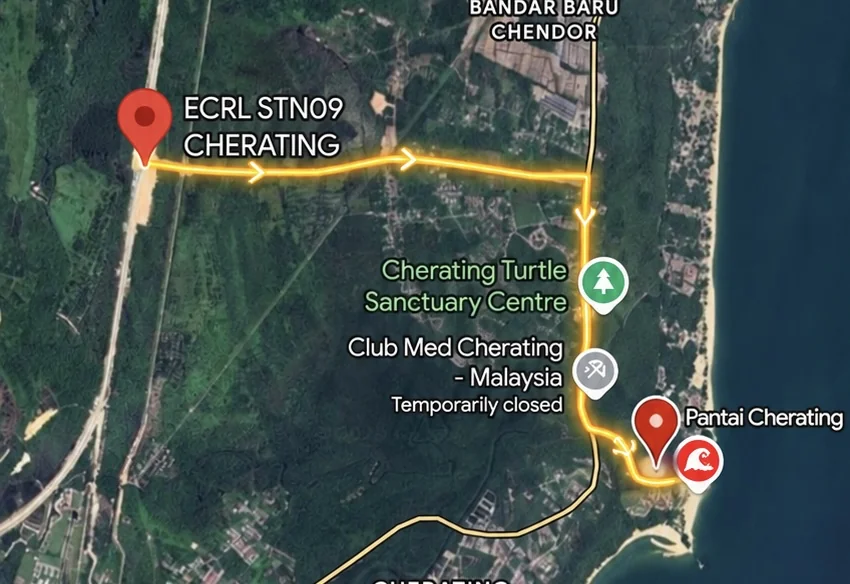 Laluan dari Stesen ECRL Cherating ke Pantai Cherating melalui Jalan Kuantan–Kemaman