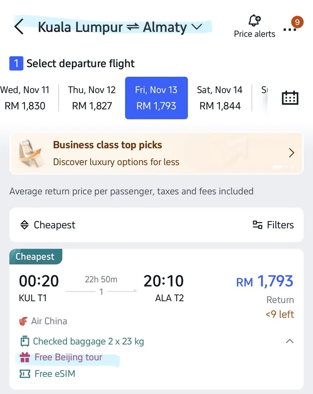 Tangkapan skrin Trip.com: Kuala Lumpur ke Almaty, Jumaat 13 Nov RM1,793 pergi balik dengan Air China, 00:20 KLIA T1 ke 20:10 Almaty T2, 22j 50m, 1 transit, bagasi 2 x 23kg, Free Beijing tour dan Free eSIM. Tarikh lain: 11 Nov RM1,830, 12 Nov RM1,827, 14 Nov RM1,844
