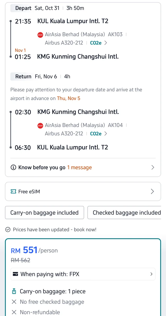 Tangkapan skrin Trip.com menunjukkan tiket AirAsia AK103 KL ke Kunming pada 31 Oktober dan AK104 Kunming ke KL pada 6 November 2026, RM551 seorang tanpa bagasi daftar masuk