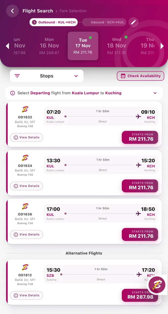 Tangkapan skrin app Batik Air: penerbangan terus OD1632 07:20, OD1634 13:30 dan OD1636 17:00 dari KLIA ke Kuching pada Selasa 17 November 2026, dan alternatif OD1612 dari Subang 15:30