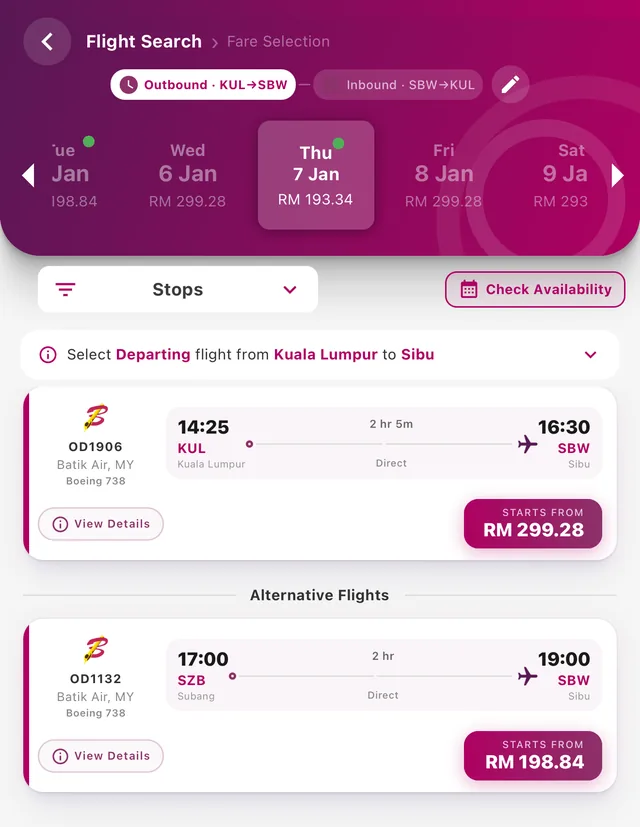 Tangkapan skrin app Batik Air: penerbangan terus OD1906 dari KLIA 14:25 ke Sibu 16:30, dan alternatif OD1132 dari Subang 17:00 ke Sibu 19:00, Khamis 7 Januari 2027