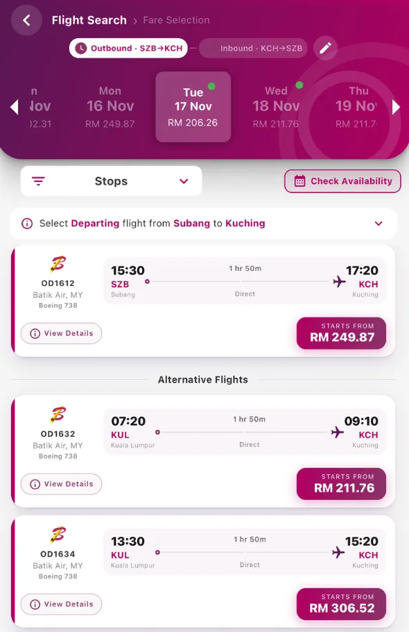 Tangkapan skrin app Batik Air: penerbangan terus OD1612 dari Subang 15:30 ke Kuching 17:20 pada Selasa 17 November 2026, dan alternatif OD1632 dan OD1634 dari KLIA