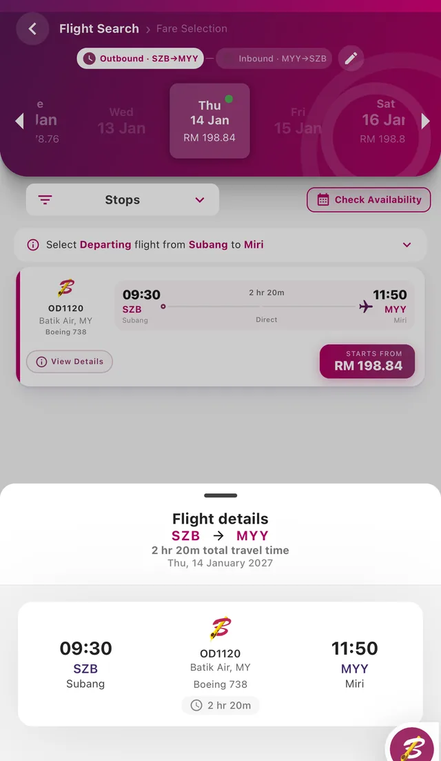 Tangkapan skrin app Batik Air: penerbangan terus OD1120 dari Subang (SZB) 09:30 ke Miri (MYY) 11:50 pada Khamis 14 Januari 2027, Boeing 737-800, 2 jam 20 minit