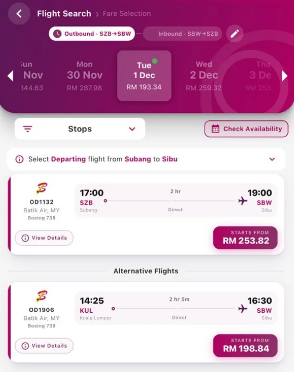 Tangkapan skrin app Batik Air: penerbangan terus OD1132 dari Subang 17:00 ke Sibu 19:00 pada Selasa 1 Disember 2026, dan alternatif OD1906 dari KLIA 14:25 ke Sibu 16:30