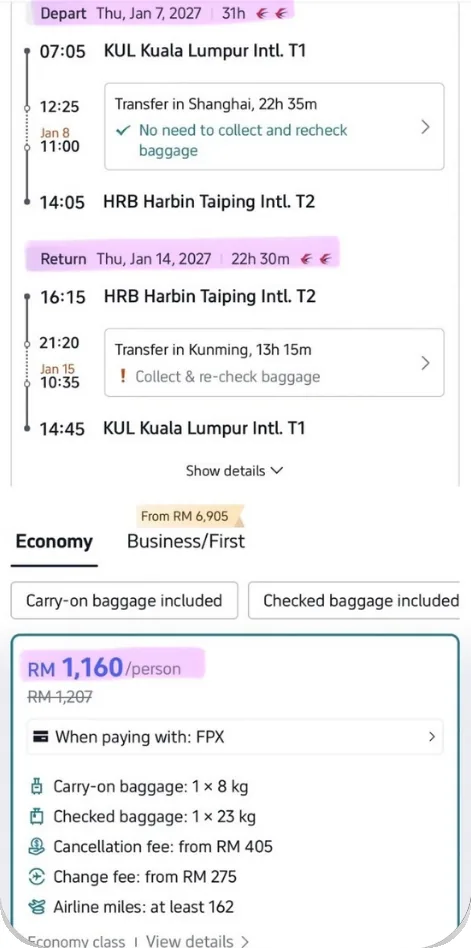 Tangkapan skrin Trip.com: China Eastern KUL ke Harbin 7 Jan 2027 transit Shanghai 22j 35m, balik 14 Jan transit Kunming 13j 15m ambil dan daftar semula bagasi, RM1,160 seorang bayar FPX
