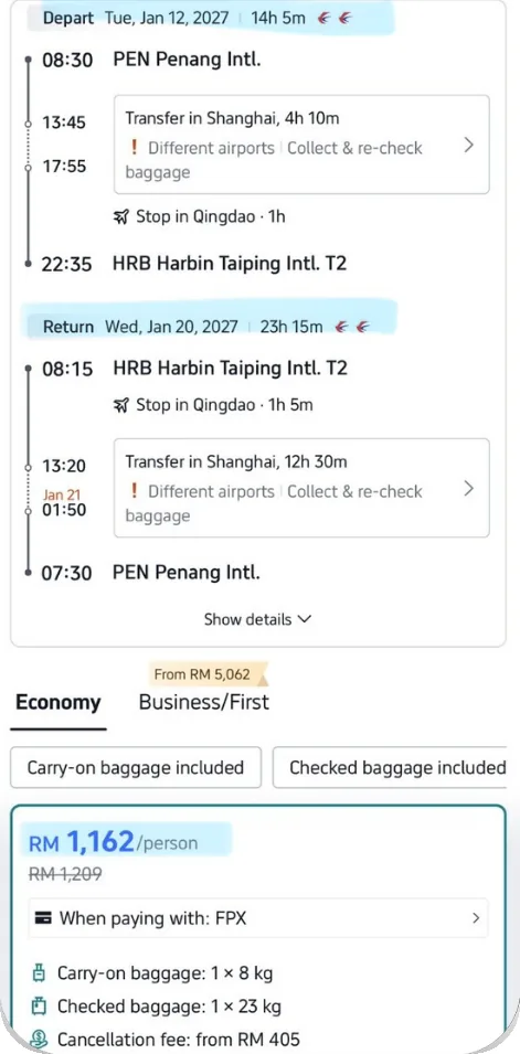 Tangkapan skrin Trip.com: China Eastern Penang ke Harbin 12 Jan 2027 transit Shanghai 4j 10m lain airport, balik 20 Jan transit Shanghai 12j 30m lain airport, singgah Qingdao, RM1,162 seorang bayar FPX