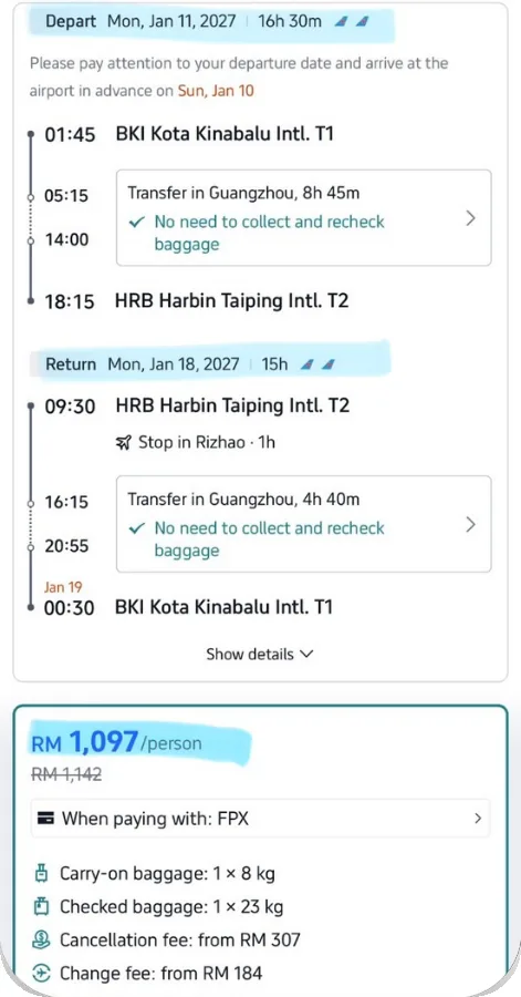 Tangkapan skrin Trip.com: China Southern Kota Kinabalu ke Harbin 11 Jan 2027 transit Guangzhou 8j 45m, balik 18 Jan transit Guangzhou 4j 40m, RM1,097 seorang bayar FPX, bagasi kabin 8kg dan daftar masuk 23kg