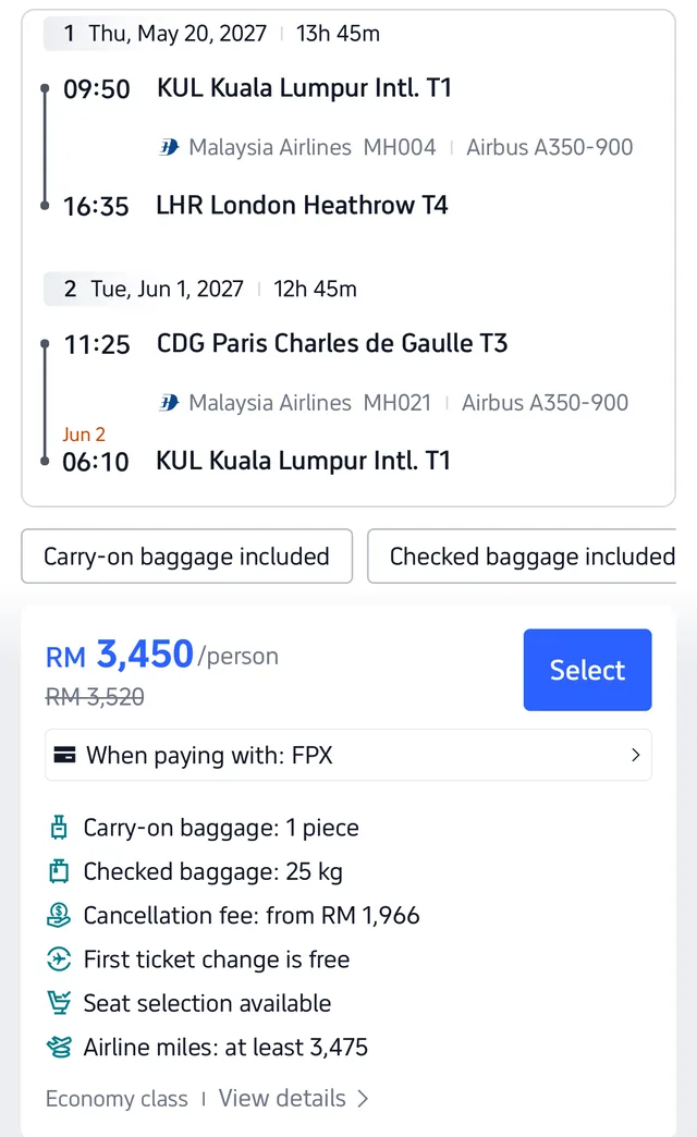 Tangkapan skrin Trip.com menunjukkan tiket Malaysia Airlines KL ke London, pulang dari Paris ke KL, RM3,450 seorang untuk tarikh yang sama