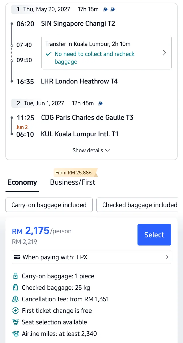 Tangkapan skrin Trip.com menunjukkan tiket Malaysia Airlines dari Singapura ke London, pulang dari Paris ke KLIA, RM2,175 seorang untuk 20 Mei hingga 1 Jun 2027 dengan bagasi 25KG