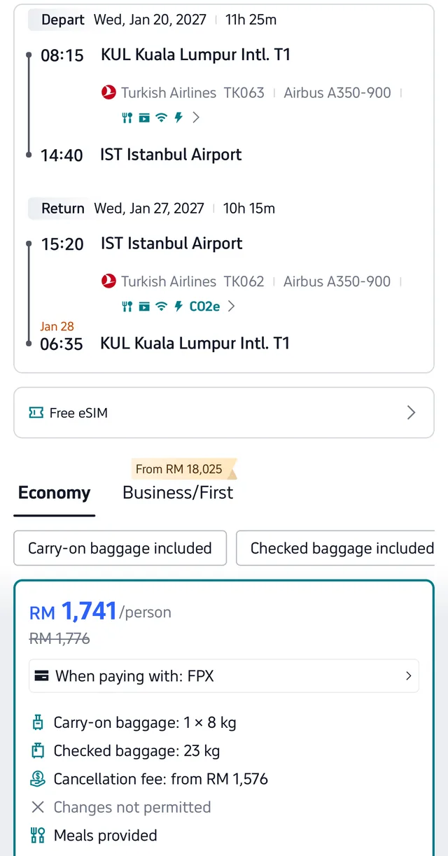 Tangkapan skrin Trip.com menunjukkan tiket Turkish Airlines KUL ke Istanbul pergi-balik RM1,741 seorang, 20 hingga 27 Januari 2027, penerbangan terus TK063 dan TK062 dengan bagasi 23KG