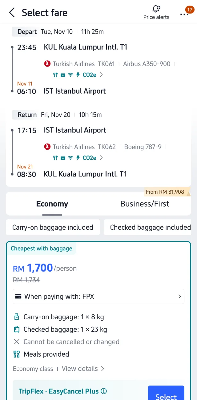 Tangkapan skrin Trip.com menunjukkan tiket Turkish Airlines KUL ke Istanbul pergi-balik RM1,700 seorang, 10 hingga 20 November 2026, dengan bagasi 23KG