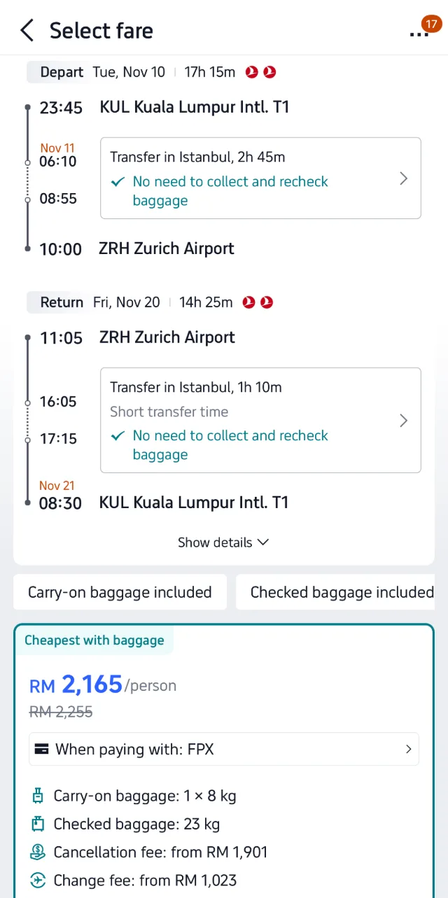 Tangkapan skrin Trip.com menunjukkan tiket Turkish Airlines KUL ke Zurich pergi-balik RM2,165 seorang, 10 hingga 20 November 2026, transit di Istanbul dengan bagasi 23KG
