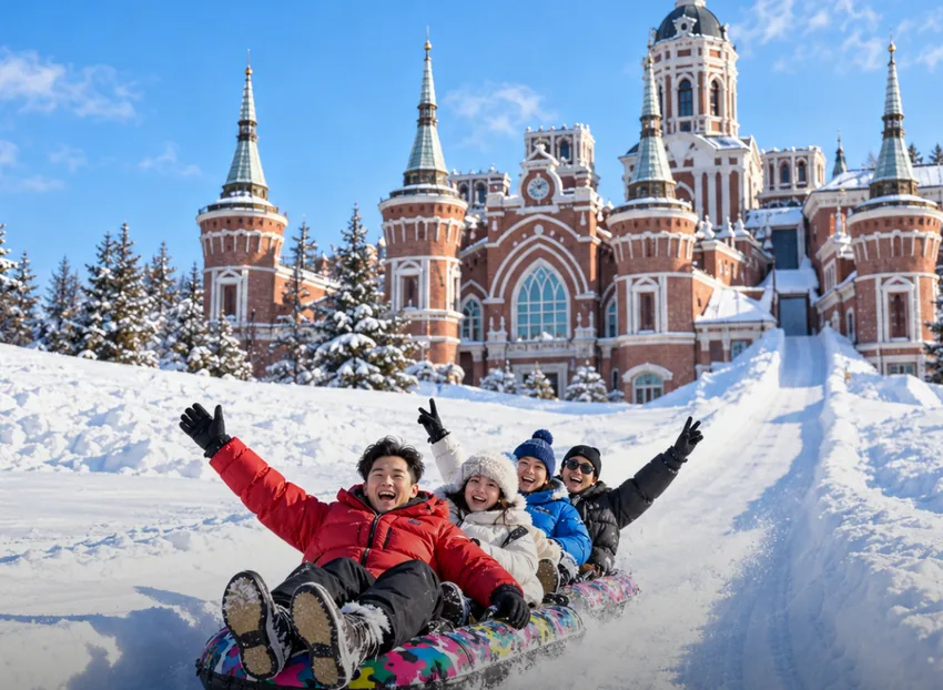 Empat pengembara berpakaian musim sejuk meluncur atas tiub salji di depan bangunan gaya Rusia berbumbung menara di Harbin
